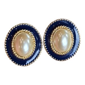 Allison Reed Oval Navy Faux Pearl Clip On Goldtone Vintage Earrings